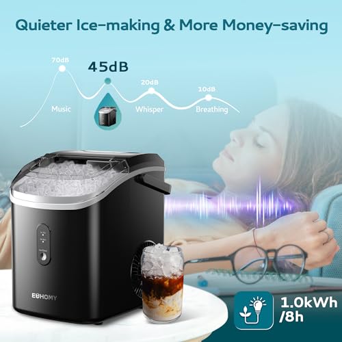 EUHOMY Nugget Ice Maker Countertop with Handle, Ready in 6 Mins, 34lbs/24H, Removable Top Cover, Auto-Cleaning, Portable Sonic Ice Maker with Basket and Scoop, for Home/Party/RV/Camping. (Black)