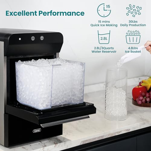 Gevi Household V2.0 Countertop Nugget Ice Maker | Self-Cleaning Pellet Ice Machine | Open and Pour Water Refill | Stainless Steel Housing | Fit Under Wall Cabinet | Black