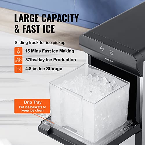 VEVOR Nugget Ice Maker Countertop, 37lbs in 24 Hrs, Manual & Auto Refill Nugget Ice Maker Self Cleaning Pebble Ice Maker for Home Office Party RV, with Scoop and Basket