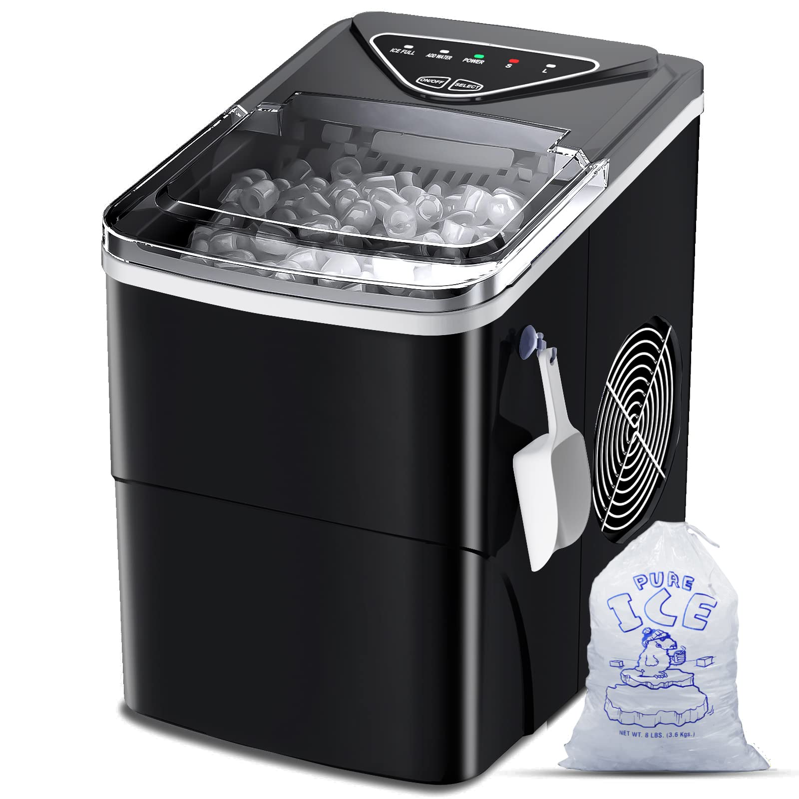 Ice Makers Countertop, Self-Cleaning Function, Portable Electric Ice Cube Maker Machine, 9 Pellet Ice Ready in 6 Mins, 26lbs 24Hrs with Ice Bags and Scoop Basket for Home Bar Camping RV(Black)