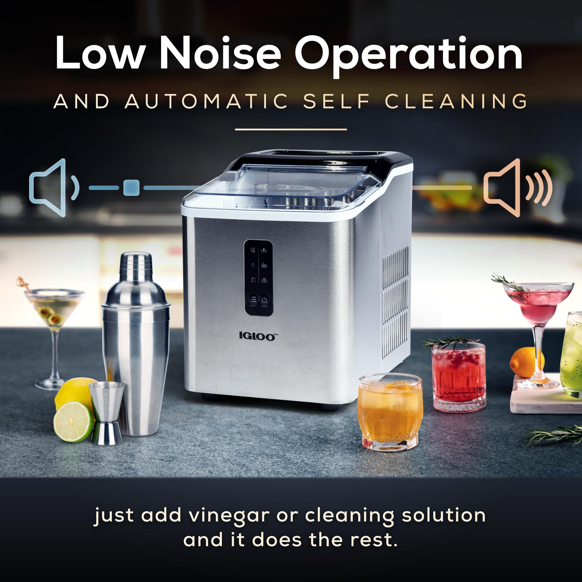 Igloo Automatic Ice Maker, Self- Cleaning, Countertop Size, 26 Pounds in 24 Hours, Cubes 7 Minutes, LED Control Panel, Scoop Included, Perfect for Water Bottles, Mixed Drinks, Stainless Steel